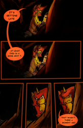 Size: 2650x4075 | Tagged: safe, artist:misstwipietwins, artist:sile-animus, derpibooru import, oc, oc:sile, unicorn, comic:the ghost mare-nsion in the woods, camping, comic, dark, dialogue, forest, horn, lantern, night, speech bubble, unicorn oc