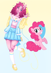 Size: 1240x1754 | Tagged: safe, artist:wh10frtn, derpibooru import, pinkie pie, earth pony, human, pony, equestria girls, clothes, cutie mark background, duo, eared humanization, eyelashes, female, grin, humanized, mare, raised hoof, raised leg, skirt, smiling, waving