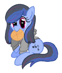 Size: 2224x2628 | Tagged: safe, artist:purppone, ponerpics import, oc, oc:late nite jams, earth pony, pony, clothes, female, food, hoodie, mare, simple background, sitting, solo, transparent background, waffle