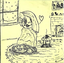 Size: 912x891 | Tagged: safe, artist:purppone, ponerpics import, marble pie, pony, blanket, blushing, cute, fireplace, heart, looking at you, marblebetes, monochrome, sketch, solo, sticky note