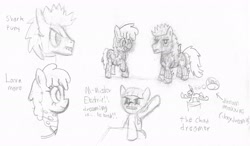 Size: 2503x1462 | Tagged: safe, artist:purppone, ponerpics import, pony, crossover, lava mare, monochrome, ponified, shark colt, sketch, species swap, the adventures of sharkboy and lavagirl in 3-d