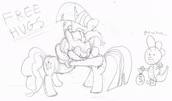 Size: 2391x1408 | Tagged: safe, artist:purppone, ponerpics import, pinkie pie, spike, twilight sparkle, pony, dialogue, free hugs, hug, moneybags, monochrome, sketch