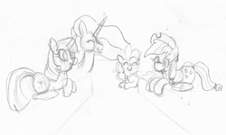 Size: 1644x984 | Tagged: safe, artist:purppone, ponerpics import, applejack, pinkie pie, princess celestia, twilight sparkle, pony, applejack's hat, bed, clothes, hat, hotel room, monochrome, sketch