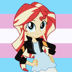 Size: 1000x1000 | Tagged: safe, artist:fruitypieq, sunset shimmer, equestria girls, clothes, dress, female, filter, flag, gender headcanon, hands on hip, headcanon, lgbt, lgbt headcanon, lgbtq, looking at you, low quality bait, mouthpiece, multicolored hair, pride, pride flag, skirt, smiling, smiling at you, solo, trans female, transgender, transgender pride flag, vector used, vest