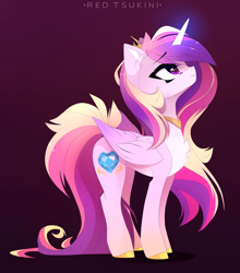 Size: 2223x2525 | Tagged: safe, artist:red_tsukini, derpibooru import, princess cadance, alicorn, pony, g4, chest fluff, concave belly, crown, cute, digital art, ear fluff, ears, feather, female, folded wings, glowing, glowing horn, happy, high res, hoof shoes, horn, jewelry, long tail, looking up, magic, mare, multicolored mane, multicolored tail, peytral, princess of love, purple background, purple eyes, regalia, sideways, signature, simple background, slim, smiling, solo, tail, thin, wings