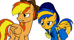 Size: 593x318 | Tagged: safe, artist:noikincade67, derpibooru import, oc, oc only, oc:firey ratchet, oc:flare spark, pegasus, pony, clothes, detective, duo, duo male and female, fedora, female, hat, male, mare, simple background, spread wings, stallion, transparent background, trenchcoat, unamused, wings