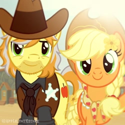 Size: 1080x1080 | Tagged: safe, derpibooru import, applejack, braeburn, earth pony, pony, appleloosa, cousins, female, male, older, older applejack, older braeburn, selfie, stallion