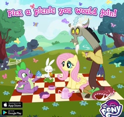 Size: 1284x1215 | Tagged: safe, derpibooru import, angel bunny, discord, fluttershy, spike, butterfly, dragon, app icon, app store, carrot, cupcake, female, flower, food, gameloft, google play, grapes, male, my little pony logo, my little pony: magic princess, outdoors, picnic, picnic blanket, sitting, tea party, video game