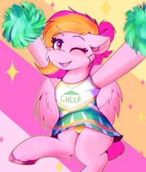 Size: 3398x4000 | Tagged: safe, artist:legionsunite, derpibooru import, oc, oc only, oc:velvet volt, pegasus, pony, cheerleader, clothes, one eye closed, panties, pom pom, simple background, skirt, solo, stars, underwear, wink, yellow panties