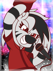 Size: 1200x1600 | Tagged: safe, artist:thebadbadger, derpibooru import, oc, oc only, oc:stripes, zebra, hat off, microphone