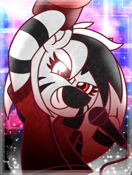 Size: 1200x1600 | Tagged: safe, artist:thebadbadger, derpibooru import, oc, oc only, oc:stripes, zebra, hat off, microphone, shiny eyes