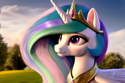Size: 1920x1280 | Tagged: safe, ai content, derpibooru exclusive, derpibooru import, editor:dovakkins, generator:pony diffusion v5, machine learning generated, princess celestia, alicorn, pony, beautiful, bust, cloud, cloudy, ear fluff, ears, female, forest background, horn, jewelry, long mane, looking up, mare, peytral, regalia, sky, smiling, solo, wavy mane, wings