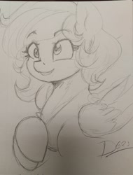 Size: 1555x2048 | Tagged: safe, artist:thelunarmoon, derpibooru import, derpy hooves, pegasus, pony, eyebrows, eyebrows visible through hair, female, grayscale, mare, monochrome, pencil drawing, smiling, solo, traditional art