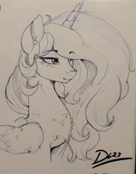 Size: 1608x2048 | Tagged: safe, artist:thelunarmoon, derpibooru import, princess celestia, alicorn, pony, chest fluff, eyebrows, eyebrows visible through hair, female, lidded eyes, mare, monochrome, smiling, solo, traditional art