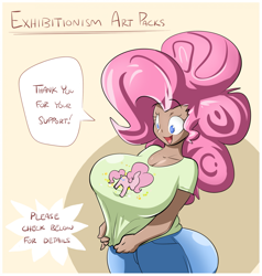 Size: 1871x1969 | Tagged: safe, artist:sanders, derpibooru import, pinkie pie, human, art pack:we don't normally wear clothes, big breasts, breasts, clothes, curvy, dark skin, denim, dialogue, explicit description, female, gravity-defying breasts, hourglass figure, huge breasts, humanized, impossibly large hair, jeans, looking down, moderate dark skin, open mouth, open smile, pants, pinkie pies, shirt, smiling, solo, speech bubble