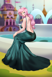 Size: 1381x2048 | Tagged: safe, artist:thebrokencog, derpibooru import, fluttershy, human, background, backless, beautiful, breasts, canterlot, castle, clothes, commission, dress, elegant, female, fountain, gown, graceful, green dress, hand on knee, hand on leg, humanized, jewelry, looking at you, open-back dress, side view, sideboob, sitting, solo