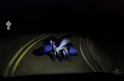 Size: 3000x1950 | Tagged: safe, artist:calebpedigo, derpibooru import, princess luna, alicorn, pony, crown, female, headlights, high res, hoof shoes, jewelry, looking at you, mare, night, peytral, regalia, road, signature, solo, spooky, spread wings, white eyes, wings