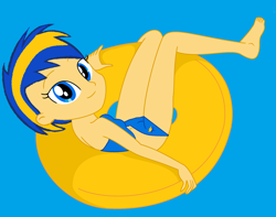 Size: 2800x2208 | Tagged: safe, artist:mlpfan3991, derpibooru import, oc, oc only, oc:flare spark, human, equestria girls, bikini, bikini bottom, bikini top, blue background, clothes, female, inflatable, legs, looking at you, pose, simple background, solo, summer, swimsuit, water