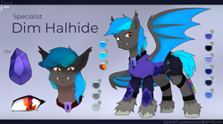 Size: 2700x1500 | Tagged: safe, artist:sinrinf, derpibooru import, oc, oc only, oc:dim halhide, bat pony, pegasus, pony, alchemy, armor, bag, commission, gradient background, night guard, reference sheet, saddle bag, solo, ych result