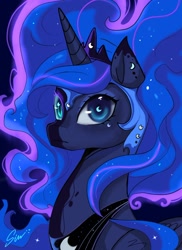 Size: 1286x1769 | Tagged: safe, artist:midna77, derpibooru import, nightmare moon, princess luna, alicorn, pony, g4, blue eyes, blue mane, blue tail, bust, counterparts, crown, digital art, ethereal mane, ethereal tail, eyeshadow, feather, female, flowing mane, flowing tail, folded wings, helmet, horn, jewelry, looking at you, makeup, mare, night, peytral, portrait, regalia, signature, solo, sparkles, starry mane, starry tail, stars, tail, two sides, wingding eyes, wings