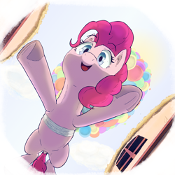 Size: 2560x2560 | Tagged: safe, artist:gorebox, derpibooru import, pinkie pie, earth pony, pony, balloon, eyebrows, eyebrows visible through hair, floating, frog (hoof), halftone, low angle, open mouth, open smile, smiling, solo, then watch her balloons lift her up to the sky, underhoof