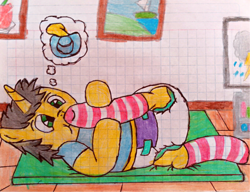 Size: 3890x2983 | Tagged: safe, artist:bitter sweetness, derpibooru import, oc, oc only, oc:bitter sweetness, pony, unicorn, abdl, adult foal, clothes, diaper, diaper fetish, diapered, fetish, graph paper, green eyes, hoof sucking, hooves, horn, imagining, male, non-baby in diaper, pacifier, playmat, simple background, smiling, socks, striped socks, thought bubble, traditional art, white background, wooden floor