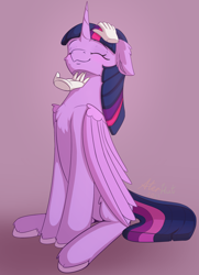 Size: 1450x2000 | Tagged: safe, artist:aterhut, derpibooru import, twilight sparkle, twilight sparkle (alicorn), alicorn, pony, behaving like a cat, chest fluff, disembodied hand, ear fluff, ears, eyes closed, female, floppy ears, folded wings, hand, hooves, large wings, mare, petting, sitting, smiling, solo, unshorn fetlocks, wings