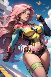 Size: 1360x2048 | Tagged: safe, ai content, derpibooru import, generator:seaart.ai, machine learning generated, fluttershy, butterfly, human, belly button, breasts, captain marvel (marvel), hootershy, humanized, looking at you, marvel, marvel comics, midriff, outdoors, prompter:neondash, sky, supergirl, the quality of ai art is frightening