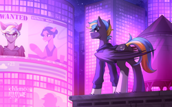 Size: 2560x1600 | Tagged: safe, artist:chamommile, derpibooru import, oc, oc only, oc:tornado turbulence, pegasus, pony, breaking news, city, clothes, exploitable meme, full body, grey skin, looking at each other, looking at someone, news, night, pegasus oc, purple eyes, roof, rooftop, skyscraper, smiling, smiling at each other, solo, wanted, wanted poster