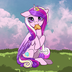 Size: 800x800 | Tagged: safe, artist:lailyren, derpibooru import, princess cadance, alicorn, pony, crown, cute, cutedance, daaaaaaaaaaaw, ears, female, floppy ears, food, heart, heart eyes, jewelry, mare, nom, regalia, solo, waffle, weapons-grade cute, wingding eyes