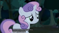 Size: 1533x863 | Tagged: safe, derpibooru import, edit, edited screencap, screencap, sweetie belle, pony, unicorn, appleoosa's most wanted, caption, concerned, female, filly, foal, forest, meme, solo, youtube caption