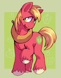 Size: 1508x1928 | Tagged: safe, artist:silverycryptid, derpibooru import, big macintosh, pony, big macintosh's yoke, chest fluff, cute, digital art, freckles, green eyes, hoof fluff, horse collar, looking sideways, male, raised hoof, raised leg, simple background, smiling, solo, stallion