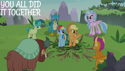 Size: 2000x1125 | Tagged: safe, derpibooru import, edit, edited screencap, editor:quoterific, screencap, applejack, gallus, ocellus, rainbow dash, sandbar, silverstream, smolder, yona, non-compete clause, student six