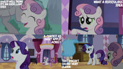 Size: 2000x1125 | Tagged: safe, derpibooru import, edit, edited screencap, editor:quoterific, screencap, rarity, sweetie belle, sisterhooves social, carousel boutique, cute, diasweetes, drama queen, magic, mannequin, rarity being rarity, uh oh