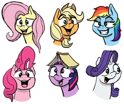 Size: 1782x1497 | Tagged: safe, artist:doodledonutart, derpibooru import, applejack, fluttershy, pinkie pie, rainbow dash, rarity, twilight sparkle, twilight sparkle (alicorn), alicorn, earth pony, pegasus, pony, unicorn, book, book on head, bust, female, grin, lidded eyes, mane six, mare, open mouth, open smile, silly, smiling, that pony sure does love books