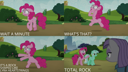 Size: 2000x1125 | Tagged: safe, derpibooru import, edit, edited screencap, editor:quoterific, screencap, lyra heartstrings, maud pie, pinkie pie, earth pony, pony, unicorn, rock solid friendship, bipedal, female, mare