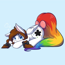 Size: 2048x2048 | Tagged: safe, artist:mscolorsplash, derpibooru import, oc, oc only, oc:color splash, pegasus, pony, blue background, bow, eyebrows, eyebrows visible through hair, female, looking at you, lying down, mare, prone, rainbow tail, simple background, solo, tail, tail bow