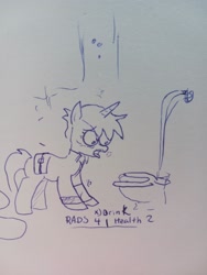 Size: 1536x2048 | Tagged: safe, artist:pony quarantine, derpibooru import, oc, oc:littlepip, pony, unicorn, fallout equestria, female, mare, monochrome, solo, thirsty, toilet, traditional art