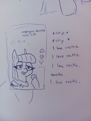 Size: 1536x2048 | Tagged: safe, artist:pony quarantine, derpibooru import, maud pie, earth pony, pony, cellphone, female, mare, phone, rock, smartphone, solo, that pony sure does love rocks, traditional art