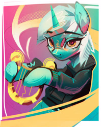 Size: 2298x2900 | Tagged: safe, artist:annna markarova, derpibooru import, lyra heartstrings, pony, unicorn, fanfic:background pony, clothes, dig the swell hoodie, female, high res, looking at you, lyre, mare, musical instrument, solo