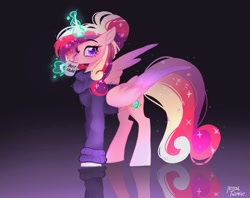 Size: 2048x1620 | Tagged: safe, artist:petaltwinkle, derpibooru import, princess cadance, alicorn, pony, alternate hairstyle, clothes, coffee mug, drink, drinking, female, glowing, glowing horn, gradient background, hair bun, horn, levitation, looking at you, magic, mare, messy mane, mug, reflection, signature, solo, sweater, telekinesis, turtleneck