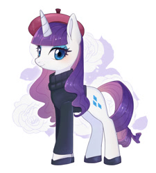 Size: 900x1000 | Tagged: safe, artist:hosikawa, derpibooru import, rarity, unicorn, beatnik rarity, beret, clothes, female, hat, looking at you, mare, simple background, solo, sweater, white background