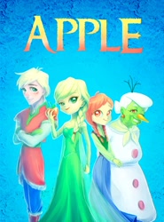 Size: 1268x1716 | Tagged: safe, artist:slueqg, derpibooru import, apple bloom, applejack, big macintosh, granny smith, human, equestria girls, anna (frozen), apple, apple family, elsa, food, frozen (movie), olaf, parody