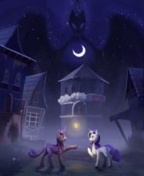 Size: 1739x2119 | Tagged: safe, artist:dalagar, derpibooru import, princess luna, rarity, twilight sparkle, twilight sparkle (alicorn), alicorn, pony, unicorn, fanfic:the enchanted kingdom, commission, commissioner:shaddar, fanfic art, female, jewelry, necklace