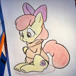 Size: 2048x2048 | Tagged: safe, artist:chps06, derpibooru import, apple bloom, earth pony, pony, apple bloom's bow, blushing, bow, clothes, cold, colored, female, filly, foal, hair bow, hoodie, photo, sitting, solo, traditional art