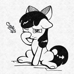 Size: 768x768 | Tagged: safe, artist:chps06, derpibooru import, apple bloom, earth pony, pony, apple bloom's bow, black and white, bow, female, filly, foal, frog (hoof), grayscale, hair bow, monochrome, one eye closed, sitting, solo, underhoof