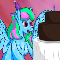 Size: 2160x2160 | Tagged: safe, artist:callichrome, derpibooru import, oc, oc only, pegasus, pony, birthday, birthday cake, cake, excited, female, food, hat, open mouth, party hat, pegasus oc, simple background, smiling, spread wings, wings