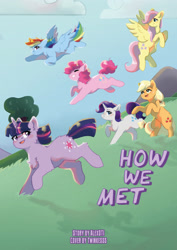 Size: 1920x2715 | Tagged: safe, artist:twinkess, derpibooru import, applejack, fluttershy, pinkie pie, rainbow dash, rarity, twilight sparkle, pony, unicorn, comic:how we met, flying, mane six