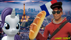 Size: 1920x1080 | Tagged: safe, artist:lance-pizon, derpibooru import, rarity, human, unicorn, 3d, baguette, bread, crossover, eiffel tower, female, flag, food, france, french, gmod, looking at you, male, paris, scout, team fortress 2, watermark