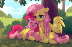 Size: 2195x1447 | Tagged: safe, artist:ls_skylight, derpibooru import, fluttershy, pinkie pie, earth pony, pegasus, pony, dappled sunlight, ears, female, floppy ears, flutterpie, lesbian, lidded eyes, looking at someone, lying down, mare, one wing out, outdoors, prone, shipping, sitting, sleeping, tree, under the tree, wing blanket, winghug, wings